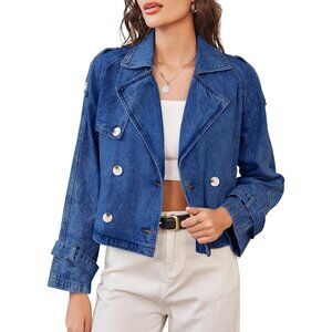 Women’s Dark Blue Cropped Denim Trench Jacket Double Breasted Lightweight